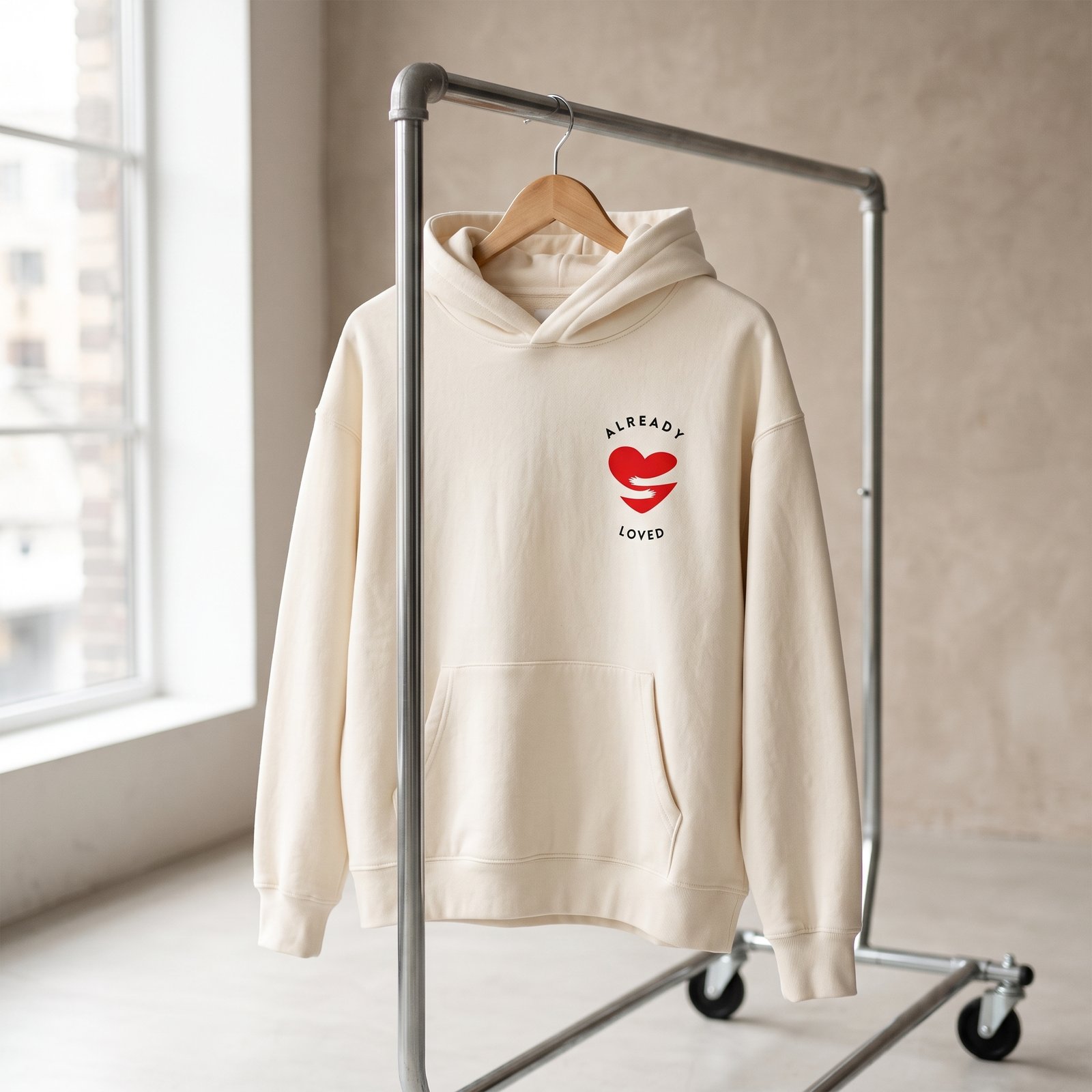 Already Loved Hoodie, cream hoodie with a red heart and hands graphic, hanging on a wheeled clothing rack