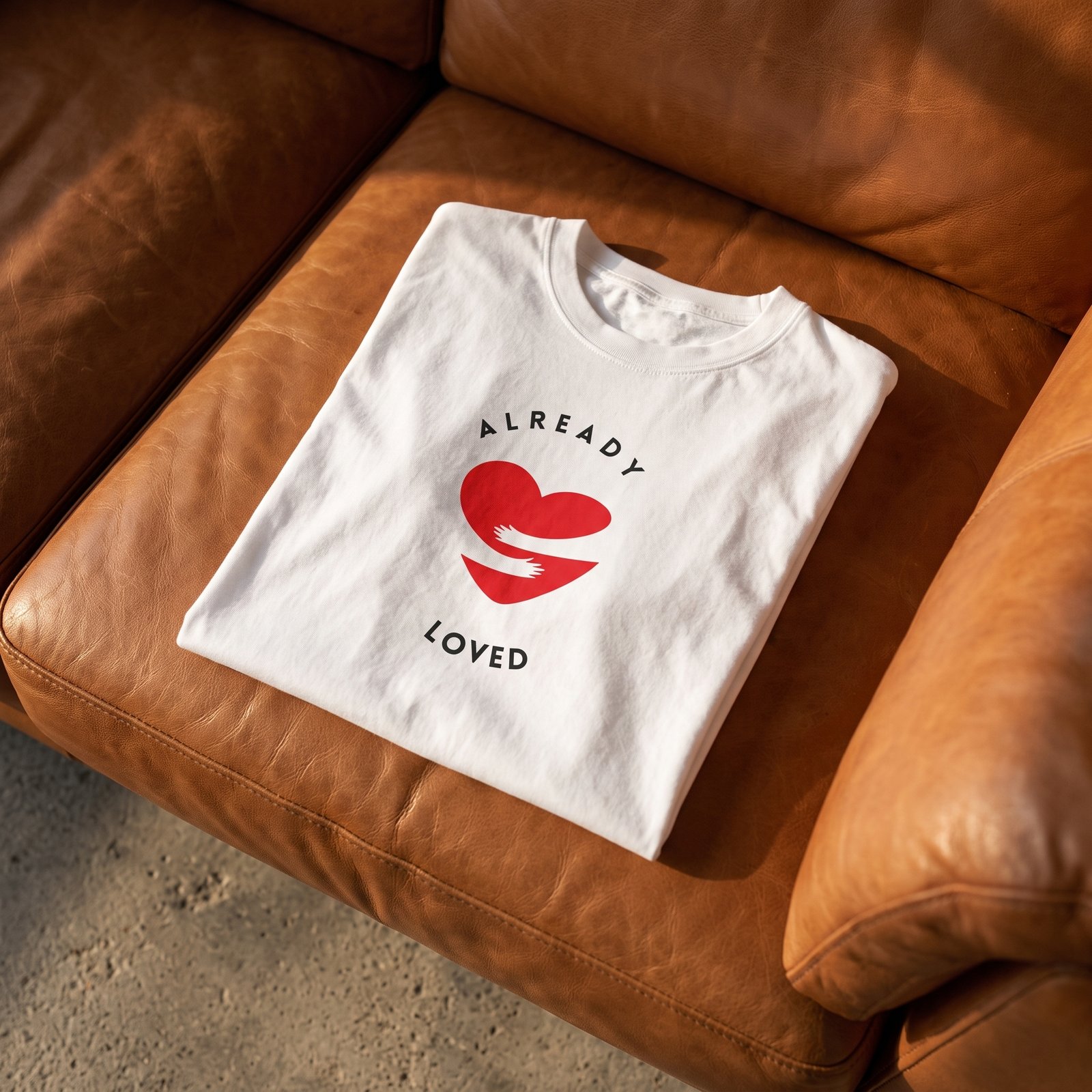 Already Loved T-Shirt, folded white tee with a red heart and hands graphic, laid on a leather couch