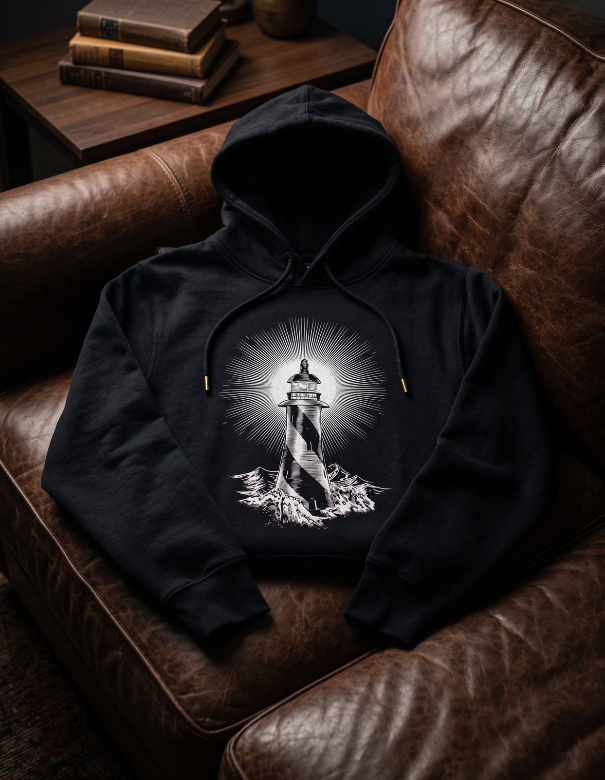 Light Hoodie, black hoodie with a lighthouse illustration, resting on a leather armchair
